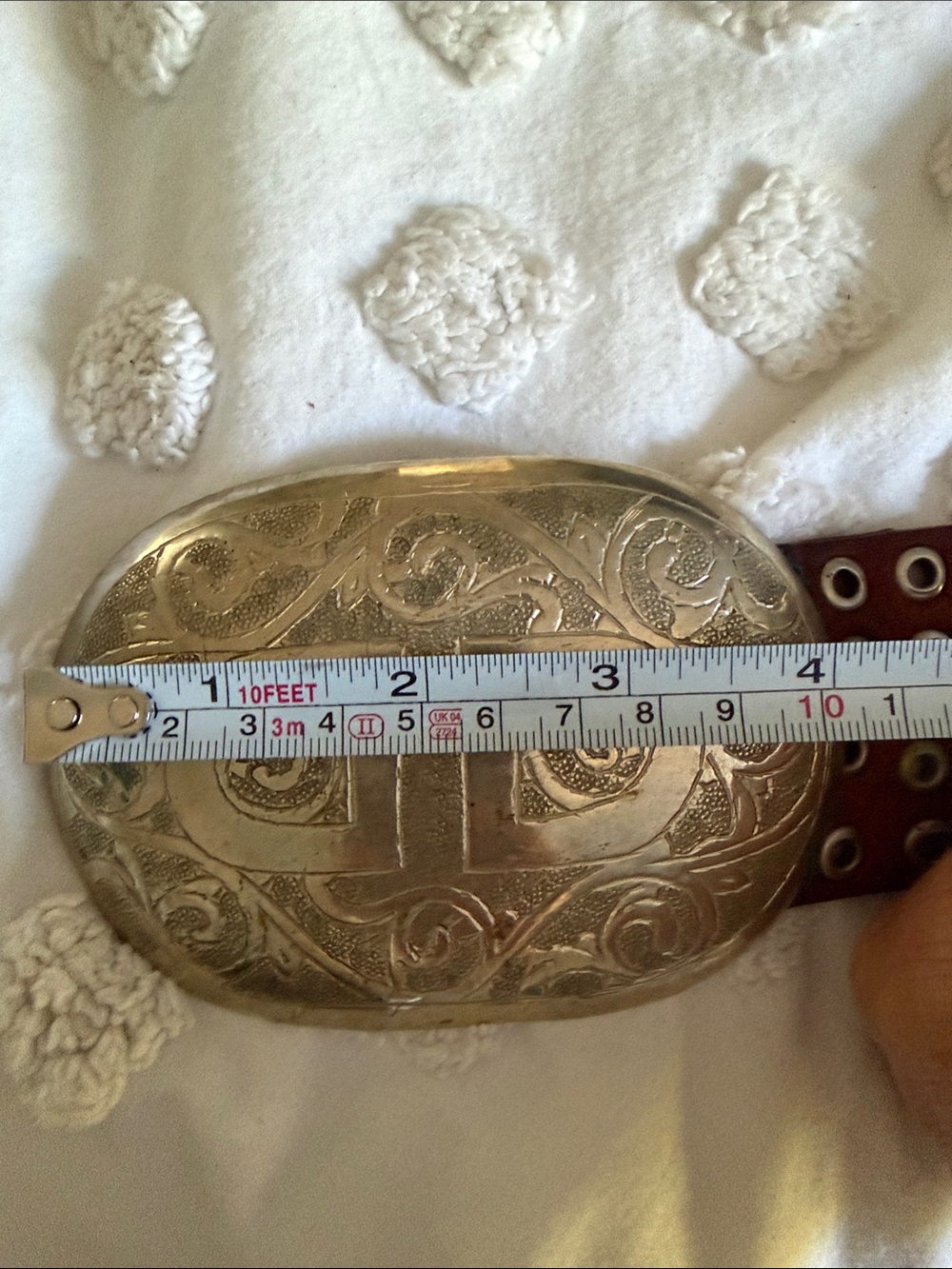 Brown Eyelet Leather Belt with Ornate Silver Buckle. - Picture 9 of 9